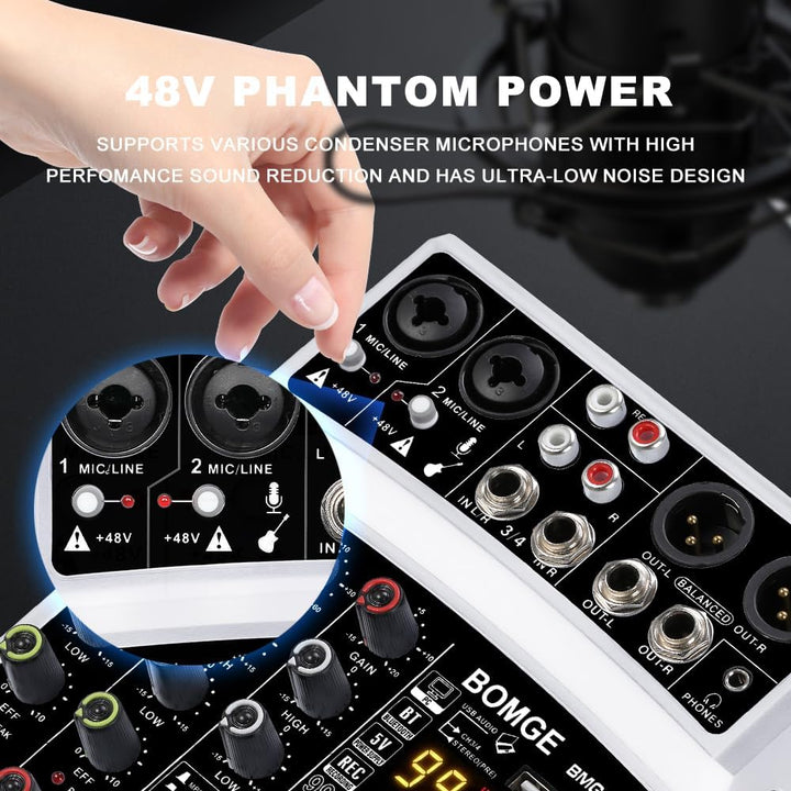 BOMGE DJ-Audio-Mischpult, 4-Kanal, 16 DSP Echo, Sound-Schnittstelle, Mischkonsole, Karaoke, mit MP3,