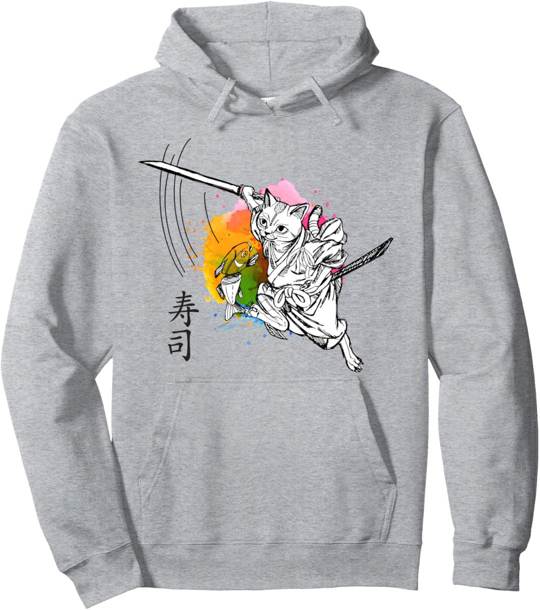 Handgezeichnete Samurai Katze jap. Zeichen für Sushi Pullover Hoodie