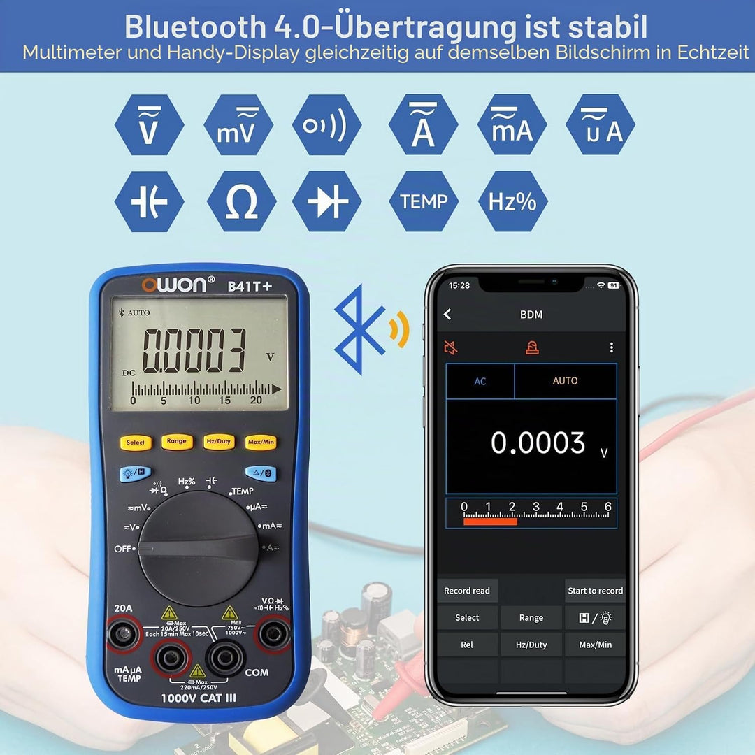 OWON B41T+ Bluetooth Digitalmultimeter TRMS 22000 Counts Ohmmeter mit automatischer Bereichswahl für
