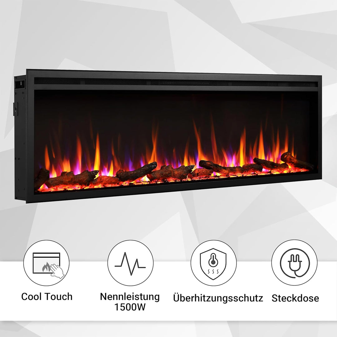 CrownFlame Atalanta 60" Elektrokamin - Elektrischer Einbaukamin mit Heizung 1000/2000 W, realistisch