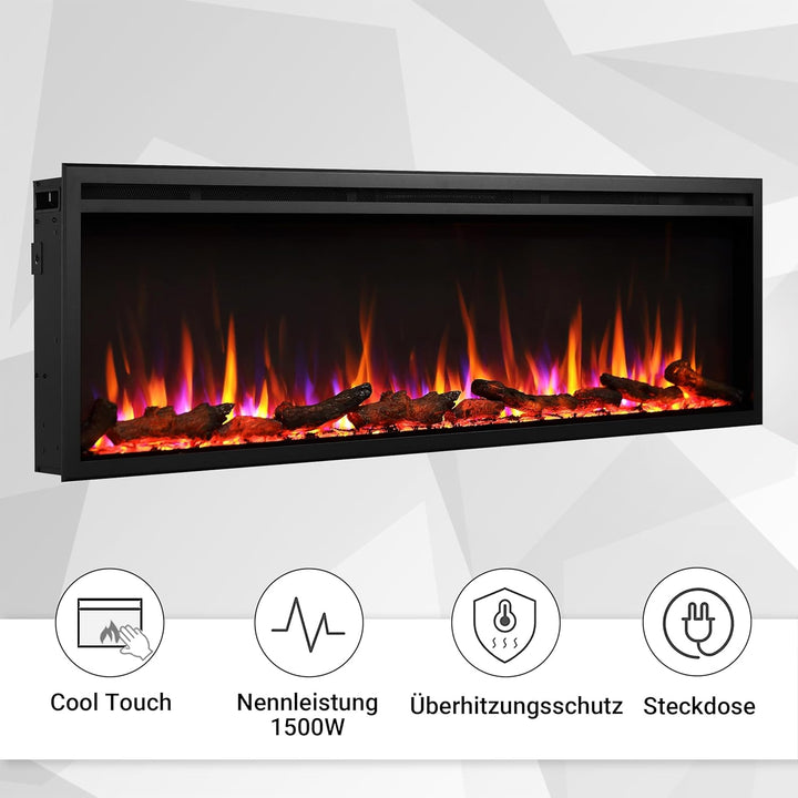 CrownFlame Atalanta 60" Elektrokamin - Elektrischer Einbaukamin mit Heizung 1000/2000 W, realistisch