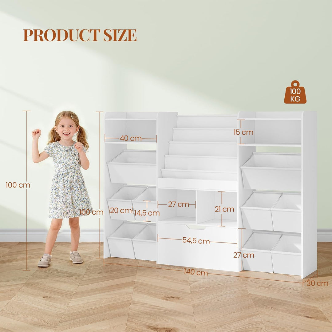 HEXCELEN Kinderregal mit Zeitungsständer, Bücherregal Kinder mit Boxen auf Rollen, Kinder mit 10 Sto