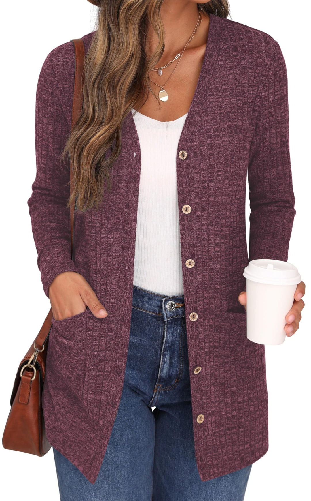 GRECERELLE Damen Leichte Strickjacke Lang mit Taschen und Knöpfen Long Elegant Cardigan V-Ausschnitt