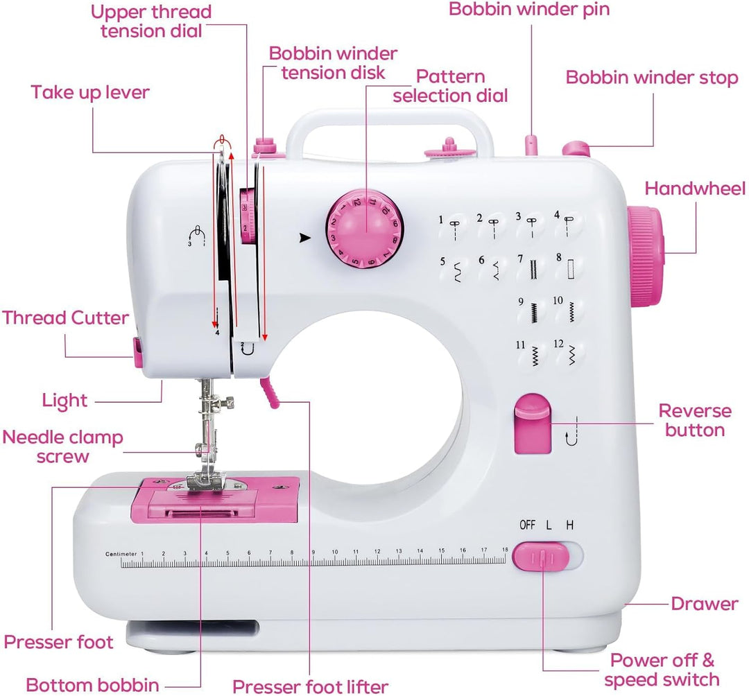Elektrische Handnähmaschine für Anfänger DIY Werkzeug Geschenk, 12 automatische Nähmuster Geschwindi