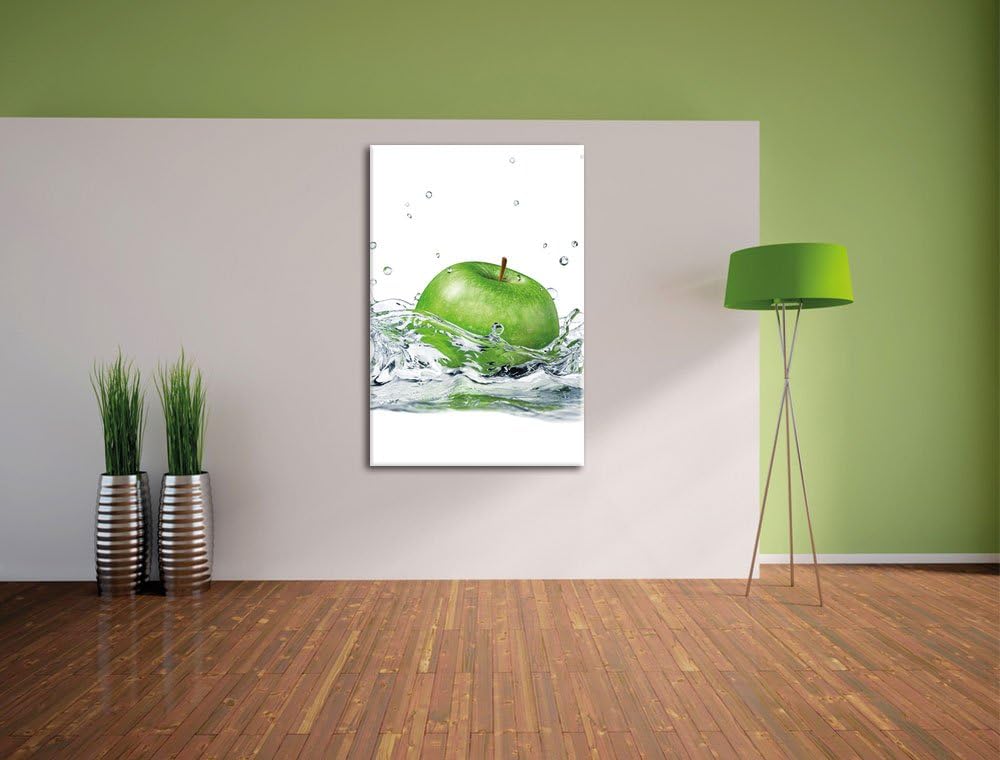 Pixxprint Grüner Apfel fällt ins Wasser, Format: 100x70 auf Leinwand, 100x70