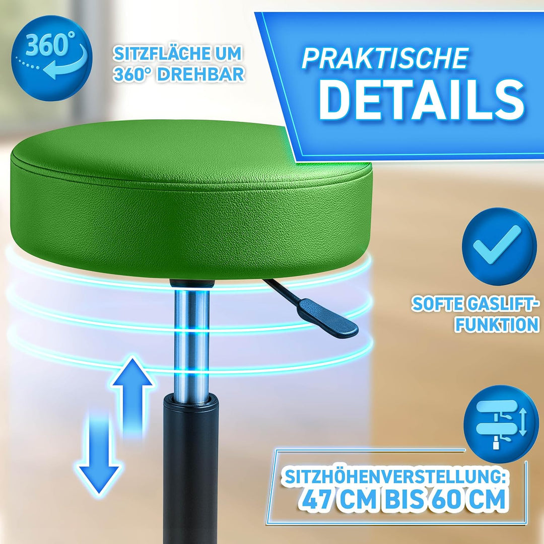 TRESKO® Rollhocker höhenverstellbar 10 cm Dicke Polsterung bis 150 kg | Hocker 47-60cm | Arbeitshock
