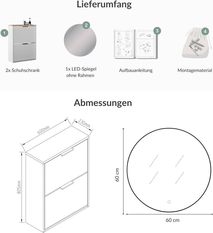 Planetmöbel 2 x Schuhschrank schmal inkl. runder Spiegel mit Beleuchtung 60 cm (2 Lichtstufen) Schuh