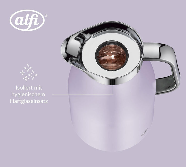 alfi SKYLINE 1,0l, pastel lavendel, Edelstahl-Isolierkanne mit hygienischem Hartglaseinsatz, Drehver