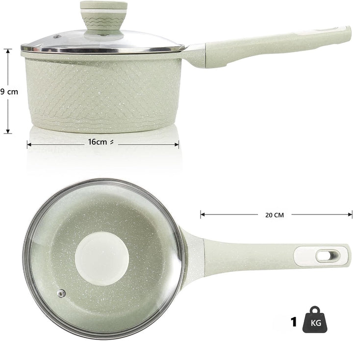 DYGG Stielkasserolle 16 cm mit Deckel 1.5L - Töpfe Antihaftbeschichtet für alle Herde inkl. Induktio