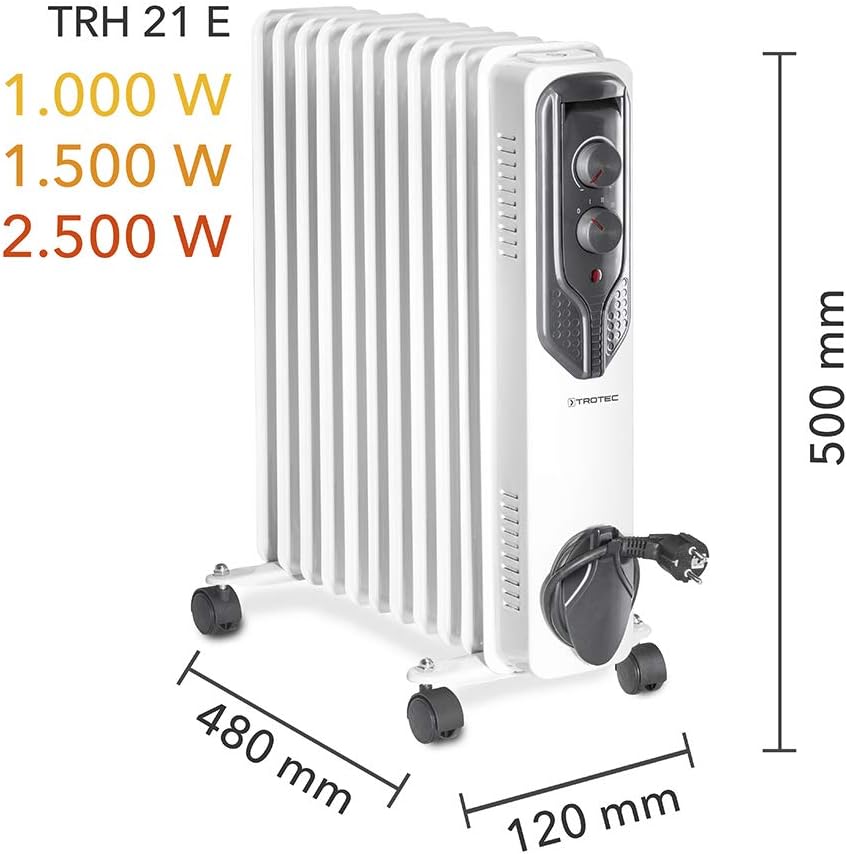 TROTEC Radiator Heizung TRH 21 E – Heizleistung 1000 W / 1500 W / 2500 W – Elektro Heizkörper, 11 Ri