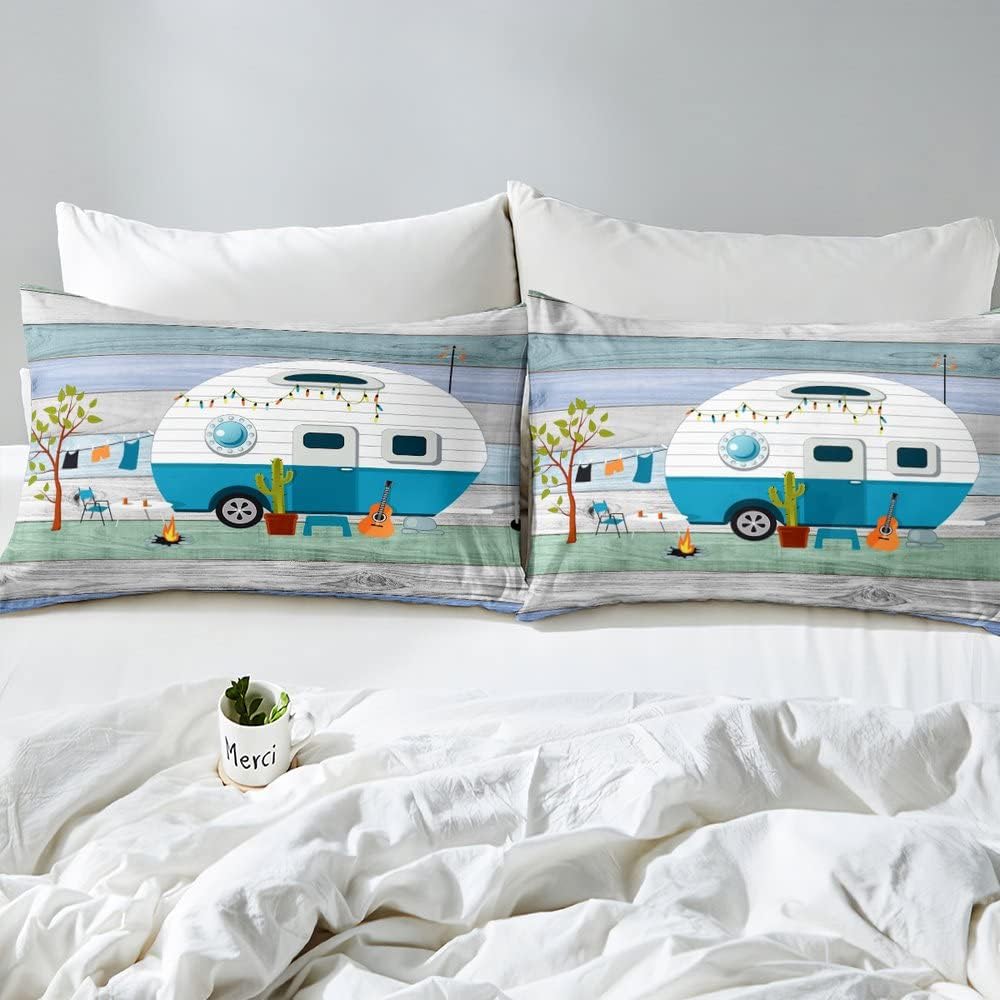 Camping Bettbezug 155 x 220 cm rustikales Camper Bettwäsche Set für Kinder Jungen Mädchen Kinder Ges