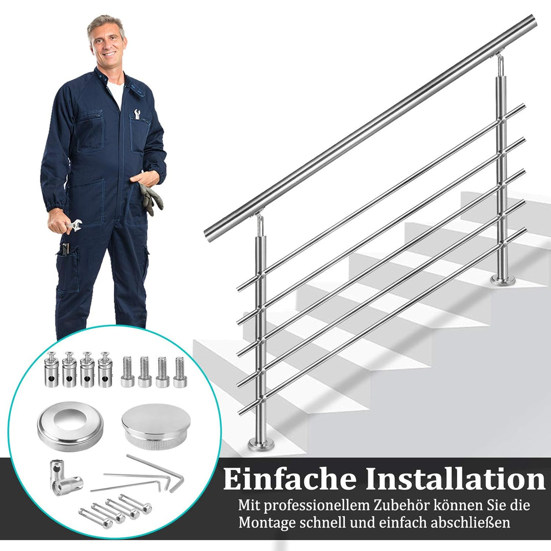 Geländer Treppengeländer Handlauf Ø42mm aus Edelstahl, Brüstung Treppe Bausatz mit Querstab für Inne