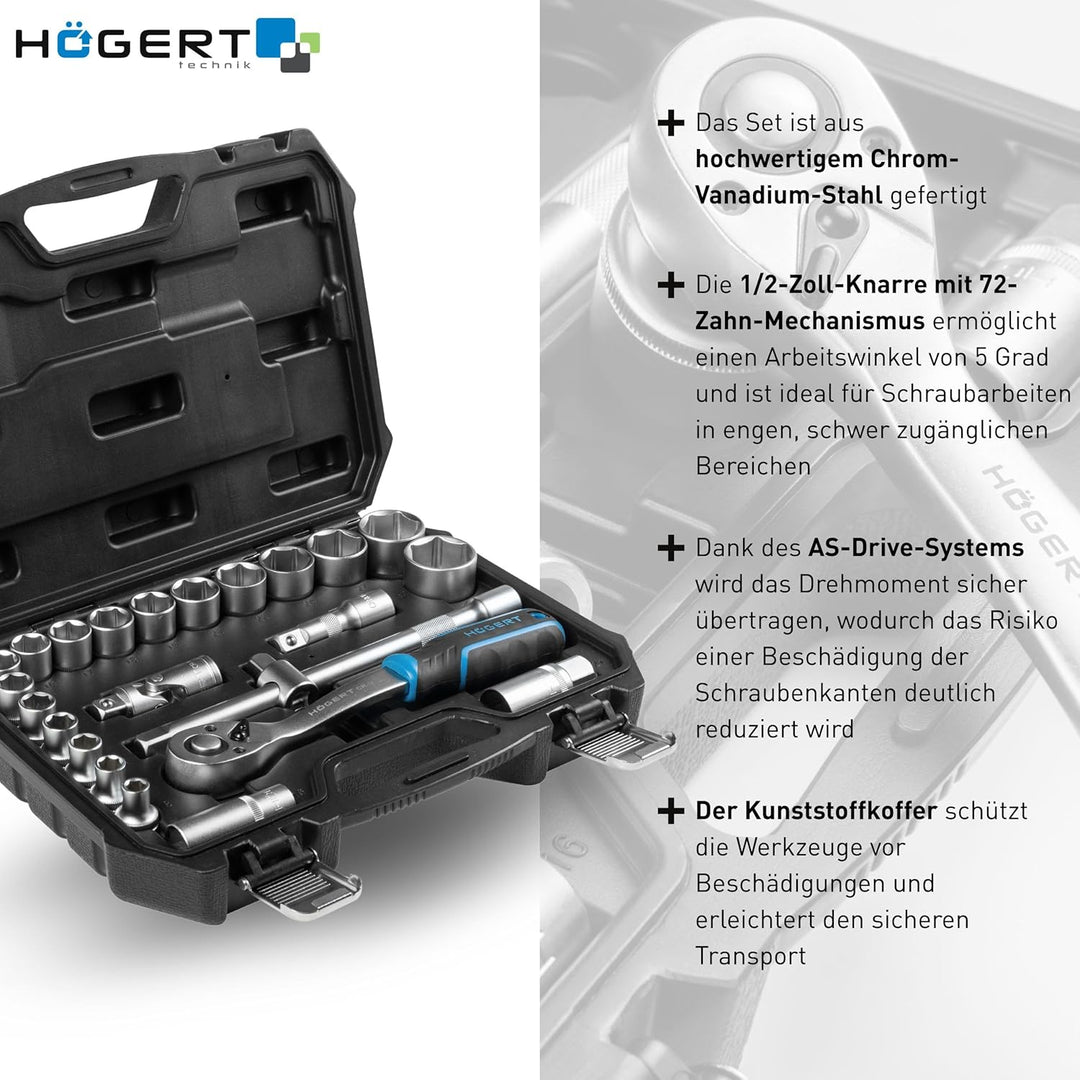 Högert Technik - Steckschlüsselsatz 24-teilig 1/2 Zoll mit Knarrenschlüssel, Ratsche, Stecknüssen 8-