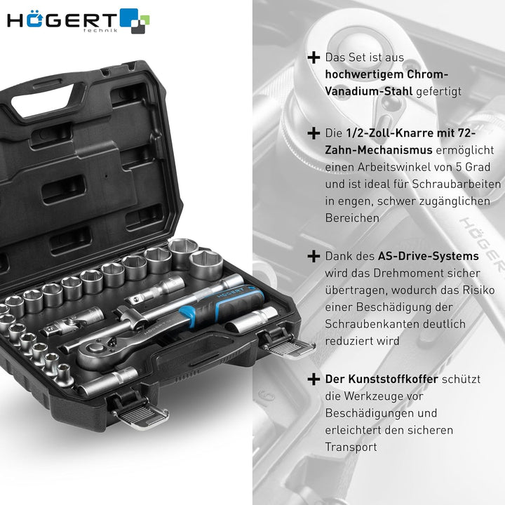 Högert Technik - Steckschlüsselsatz 24-teilig 1/2 Zoll mit Knarrenschlüssel, Ratsche, Stecknüssen 8-