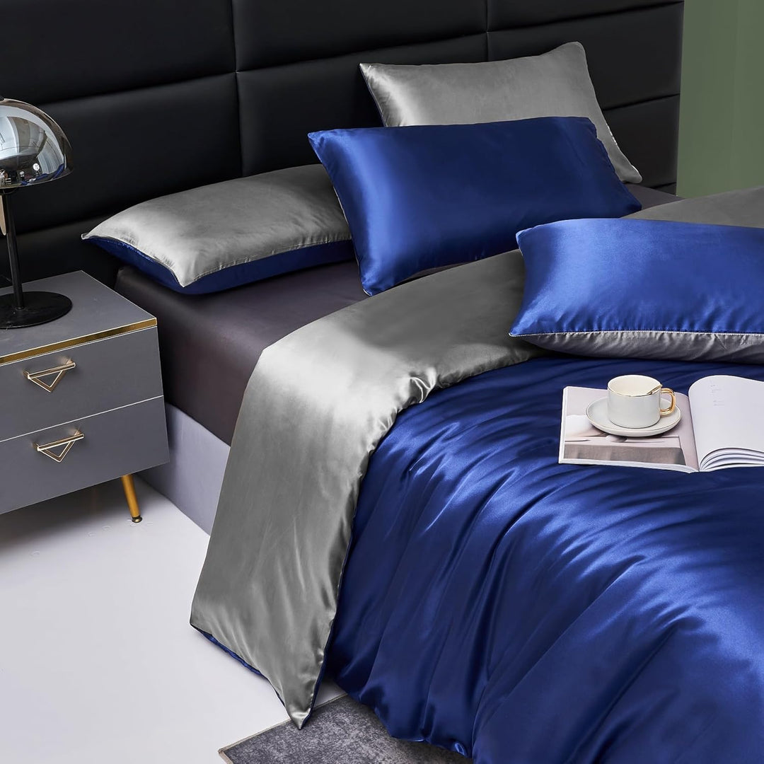 YASMENG Bettwäsche Satin 200x220 Blau Dunkelgrau Wendebettwäsche Modern Deluxe Elegant Bettbezug Set