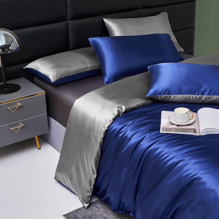YASMENG Bettwäsche Satin 200x220 Blau Dunkelgrau Wendebettwäsche Modern Deluxe Elegant Bettbezug Set