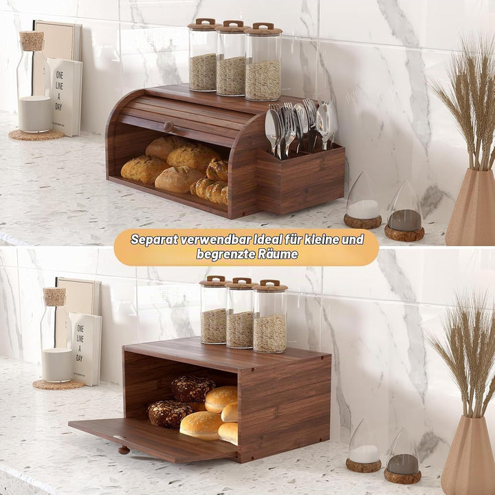 TQVAI Brotkasten Holz, Bambus Brotbehälter mit 2 Etagen Brotaufbewahrung, Bread Box mit Rolldeckel m