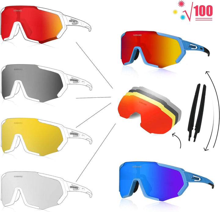 Queshark Sportbrillen Fahrrad Brillen Damen Herren Polarisierte UV400 Schutz mit 5 Wechselgläser Rad