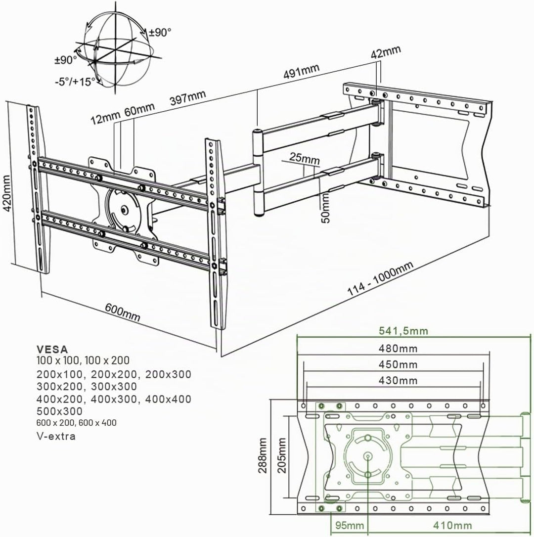 XTRARM TiTon 100 cm Wandabstand TV Wandhalterung, Langer Schwenkarm, neigen, schwenken, rotieren, au