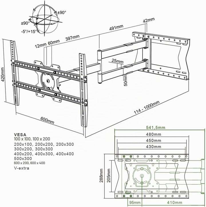 XTRARM TiTon 100 cm Wandabstand TV Wandhalterung, Langer Schwenkarm, neigen, schwenken, rotieren, au