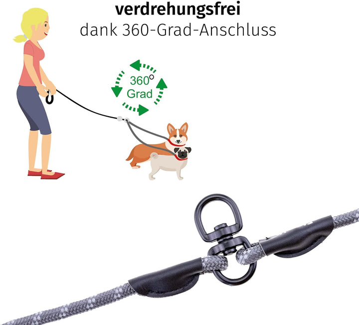 Floxik Tau Doppelleine für 2 Hunde grau/orange - reflektierend, dehnbar und verhedderungsfrei – Dopp