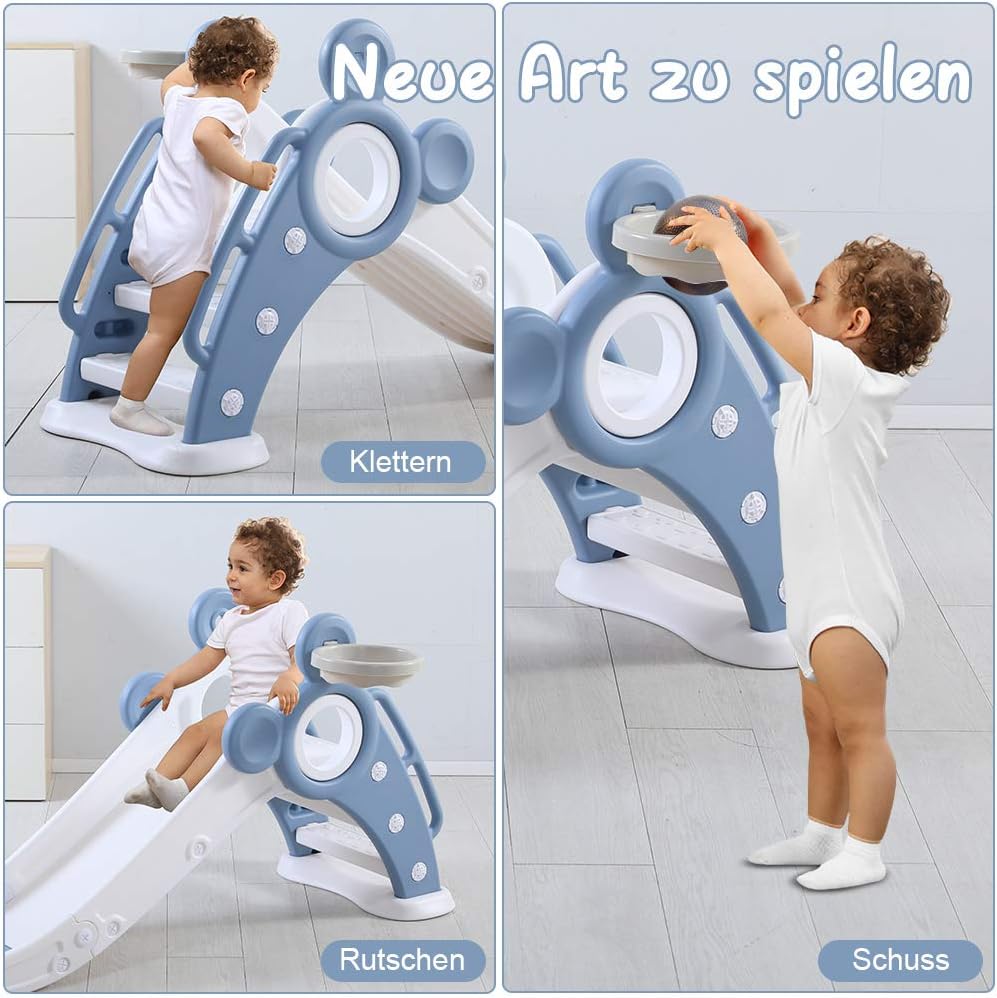YOLEO Rutsche, Kinder Fun-Slide mit Basketballkorb, Faltbar Kinderrutsche, Gartenrutsche Kleinkinder