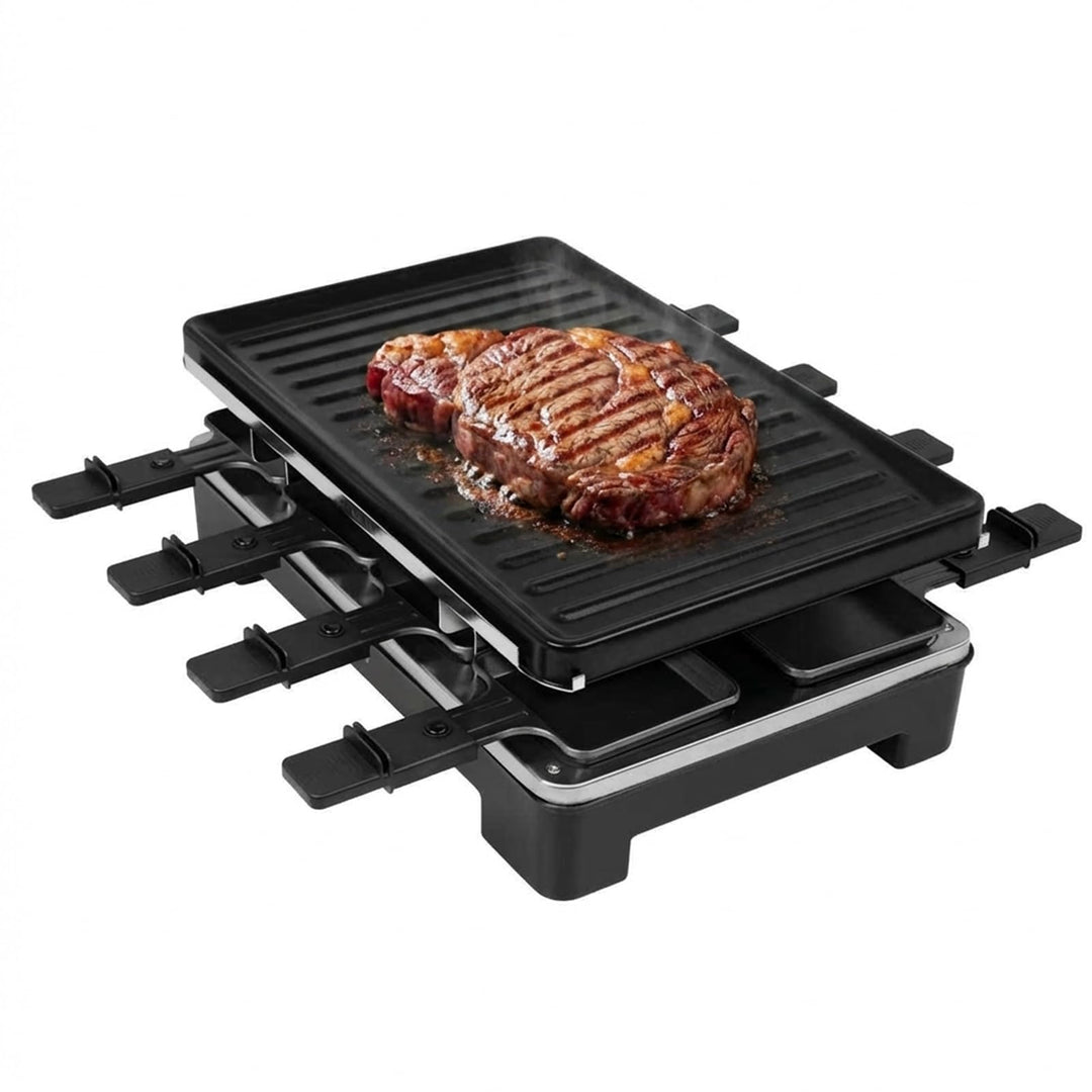 2-in-1 Raclette Set 8 Personen mit 8 Raclette Pfännchen, 40 x 20 cm | Antihaft Beschichtung Grillpfa