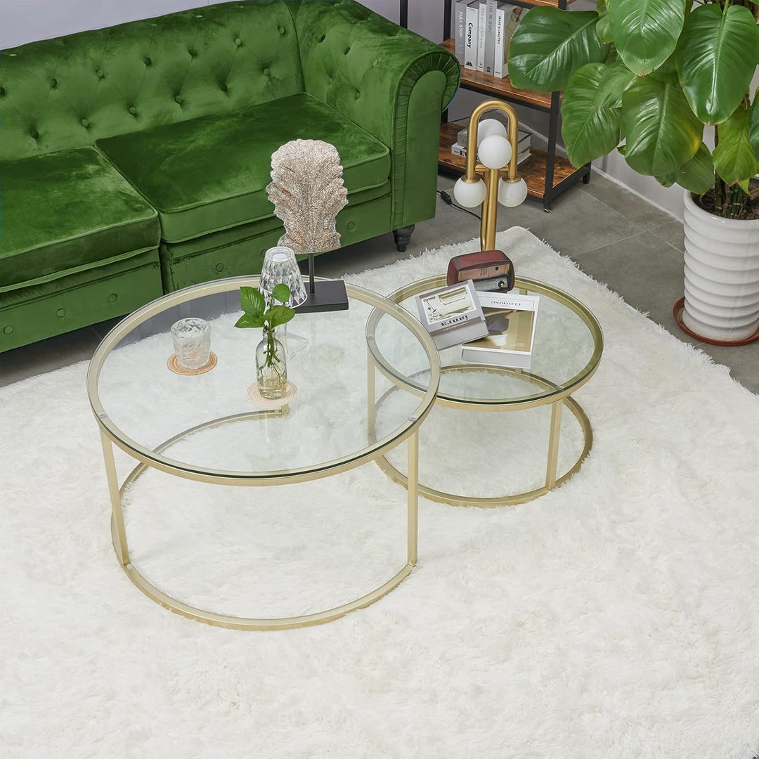 Gold Couchtisch Glas, Couchtisch 2er Set mit 1 Grosser Couchtisch Rund und 1 Kleiner Tisch, Beistell