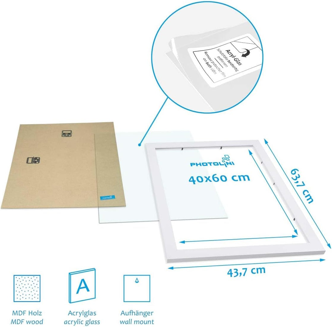 PHOTOLINI Bilderrahmen 40x60 Weiss Holz MDF, 3er Set breite 40x60 cm Bilderrahmen mit bruchsicheres