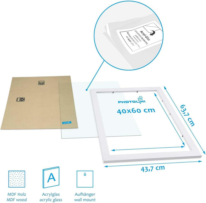 PHOTOLINI Bilderrahmen 40x60 Weiss Holz MDF, 3er Set breite 40x60 cm Bilderrahmen mit bruchsicheres