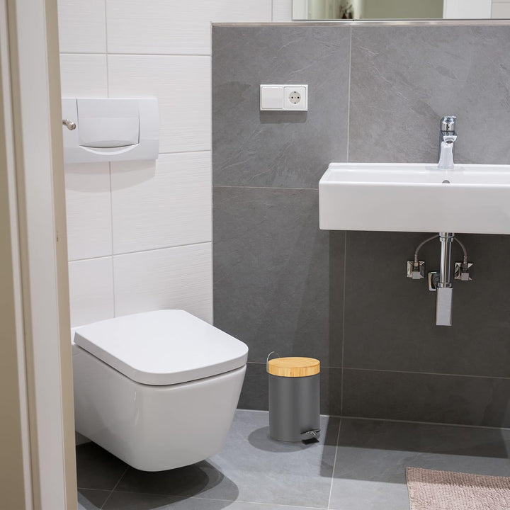 Relaxdays Mülleimer Bad, 3 l, Kosmetikeimer Absenkautomatik, Bambusdeckel, entnehmbarer Inneneimer,
