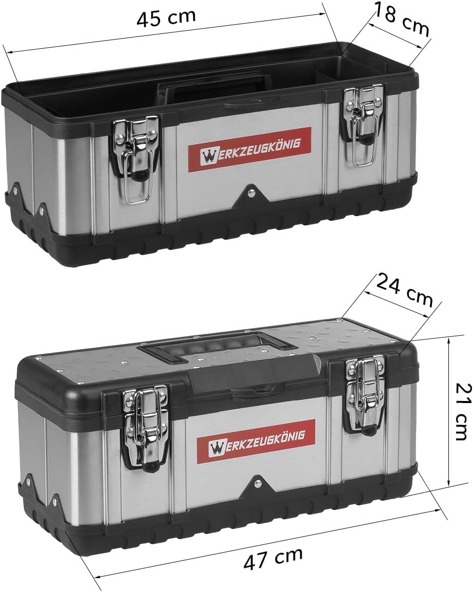 Werkzeugkoffer leer Edelstahl 47 x 24 x 21 cm Werkzeugkasten mit herausnehmbarer Ablage, Werkzeugkis