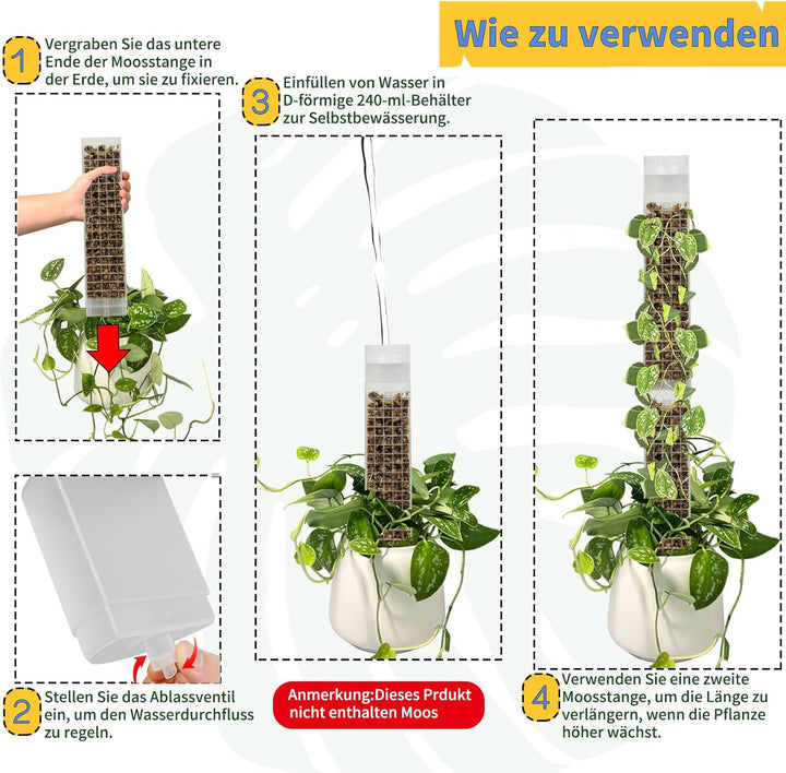 Selbstbewässerung Moosstab D Form - 4x44cm stabile Kunststoff-Pflanzenhalter für Zimmerpflanzen - 15