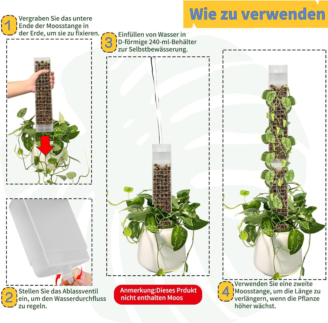 Selbstbewässerung Moosstab D Form - 2x44cm stabile Kunststoff-Pflanzenhalter für Zimmerpflanzen - 80