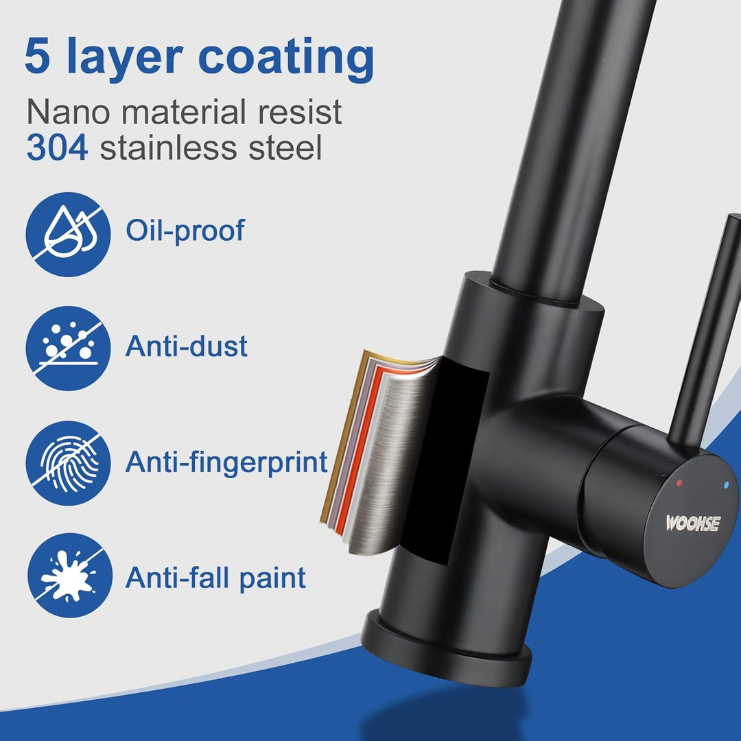 Niederdruck Armatur Küche Ausziehbar, WOOHSE Wasserhahn Küche Schwarz mit Brause 2 Strahl, 360° Dreh
