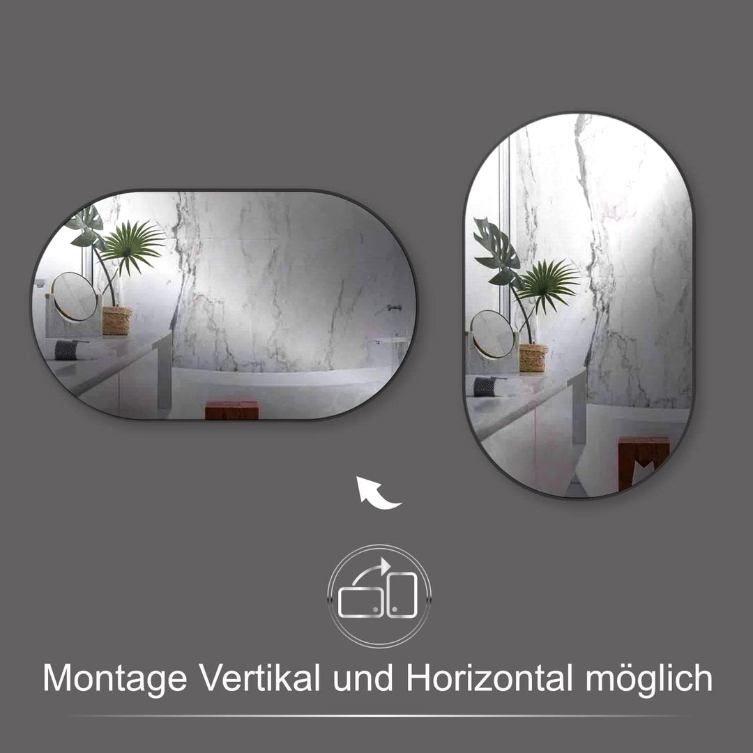 HOKO® Design Wandspiegel oval 45 x 75 cm mit Metall Rahmen Matt Schwarz. HOCH und QUER Montage mögli