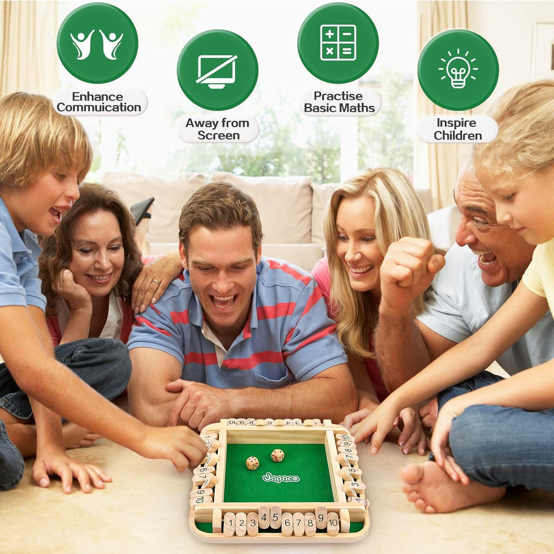 Japace Shut The Box Spiel, Brettspiel aus Holz, 4 Spieler Würfelspiel Mathematik Lernspielzeug Kinde
