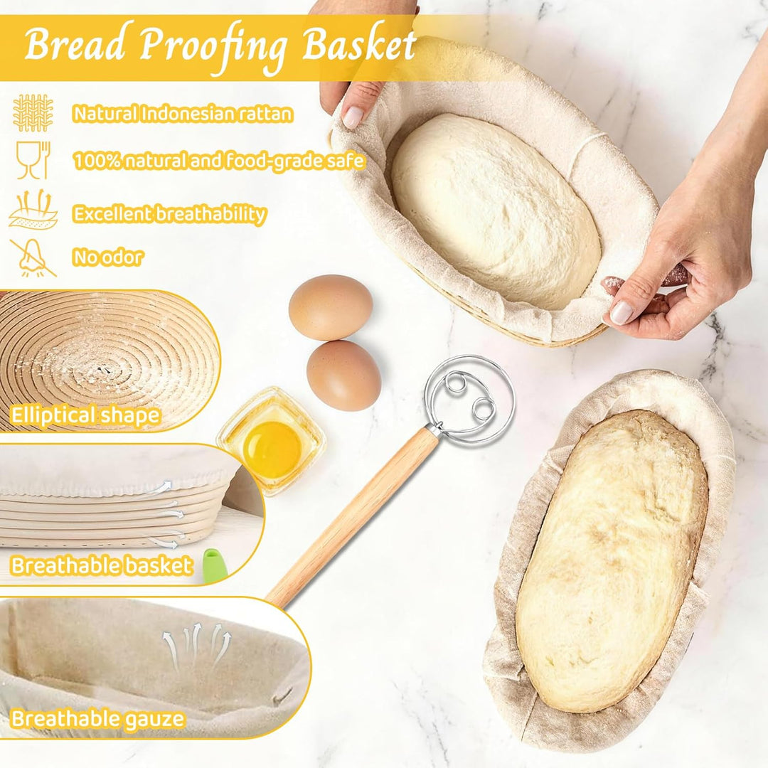 dellyy Brotbackset mit Gärkorb, 10 Teileset Brot Backen Starterset, Naturrattan-Geflecht, Inklusive