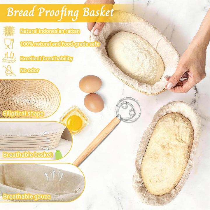 dellyy Brotbackset mit Gärkorb, 10 Teileset Brot Backen Starterset, Naturrattan-Geflecht, Inklusive
