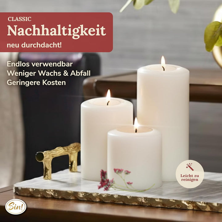 Sin! Teelichthalter Classic warmweiss - ∅ 10cm, Höhe 18cm. Die Kerze die Nicht schmilzt! - Dauerkerz