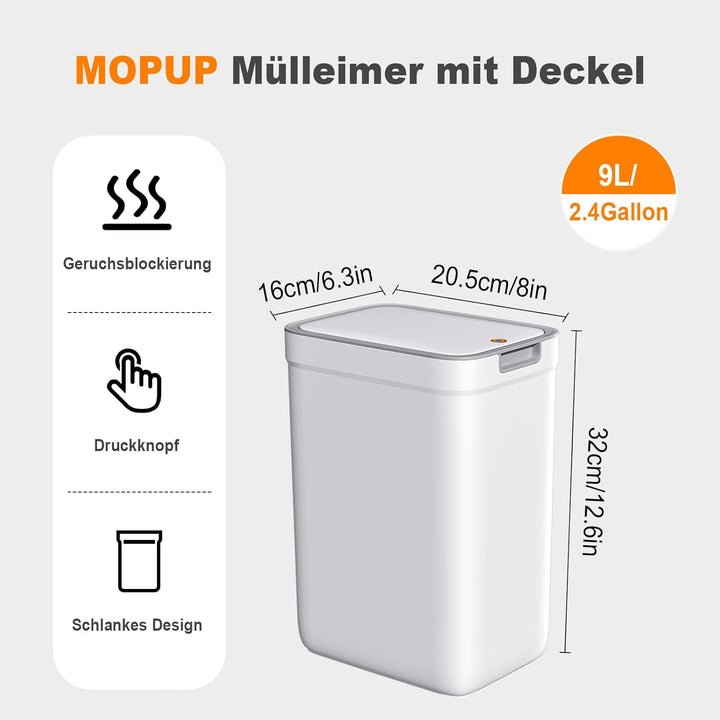 MOPUP Kleiner Badezimmer-Mülleimer mit Deckel, 9 l/2,4 Gallonen, schmaler Mülleimer, Papierkorb aus
