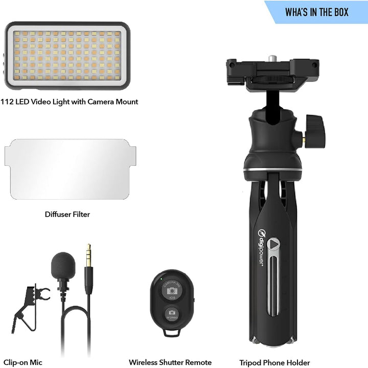 DigiPower Vlogging Kit Instructor mit LED Videoleuchte, Clip-on Lavalier Mikrofon, Handy + Kamera Ha