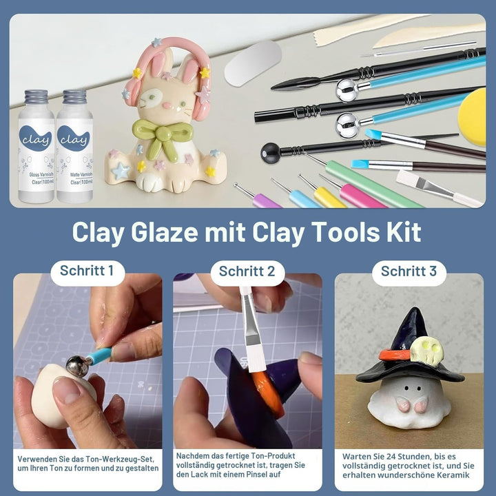 29Pcs Tonglasur mit lufttrocknendem Ton Werkzeug Set, Clay Varnish für Hoher Glanz, Kratzfest, Wasse