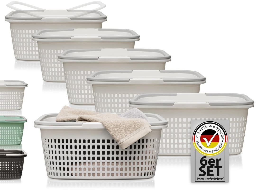 Hausfelder Wäschekorb 6er Set weiss 35L, 58x37x25cm | stapelbar, Wäschekörbe Set gross 58x37x25cm, s