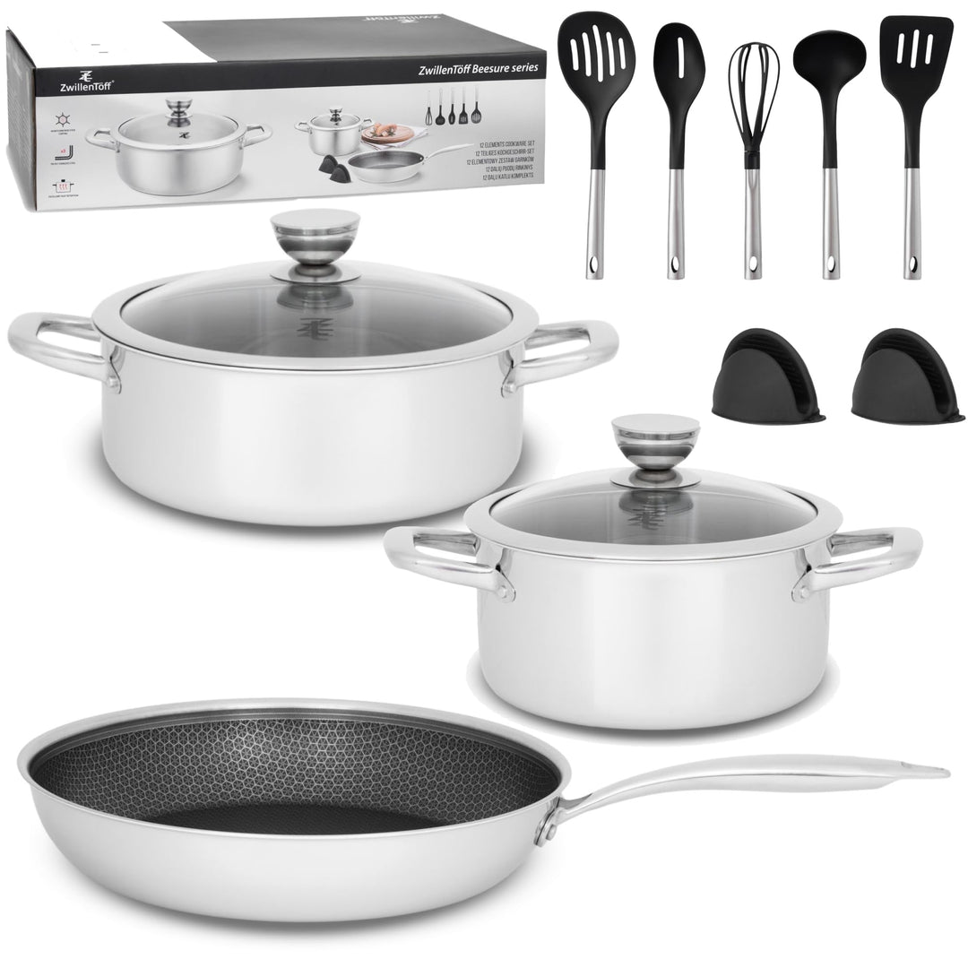 Töpfe und Pfanne Set - Topfset 12-teilig - Edelstahl - mit Glasdeckeln - für alle Herdarten - Silber