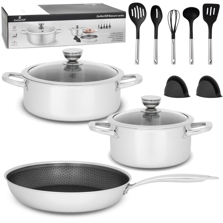 Töpfe und Pfanne Set - Topfset 12-teilig - Edelstahl - mit Glasdeckeln - für alle Herdarten - Silber