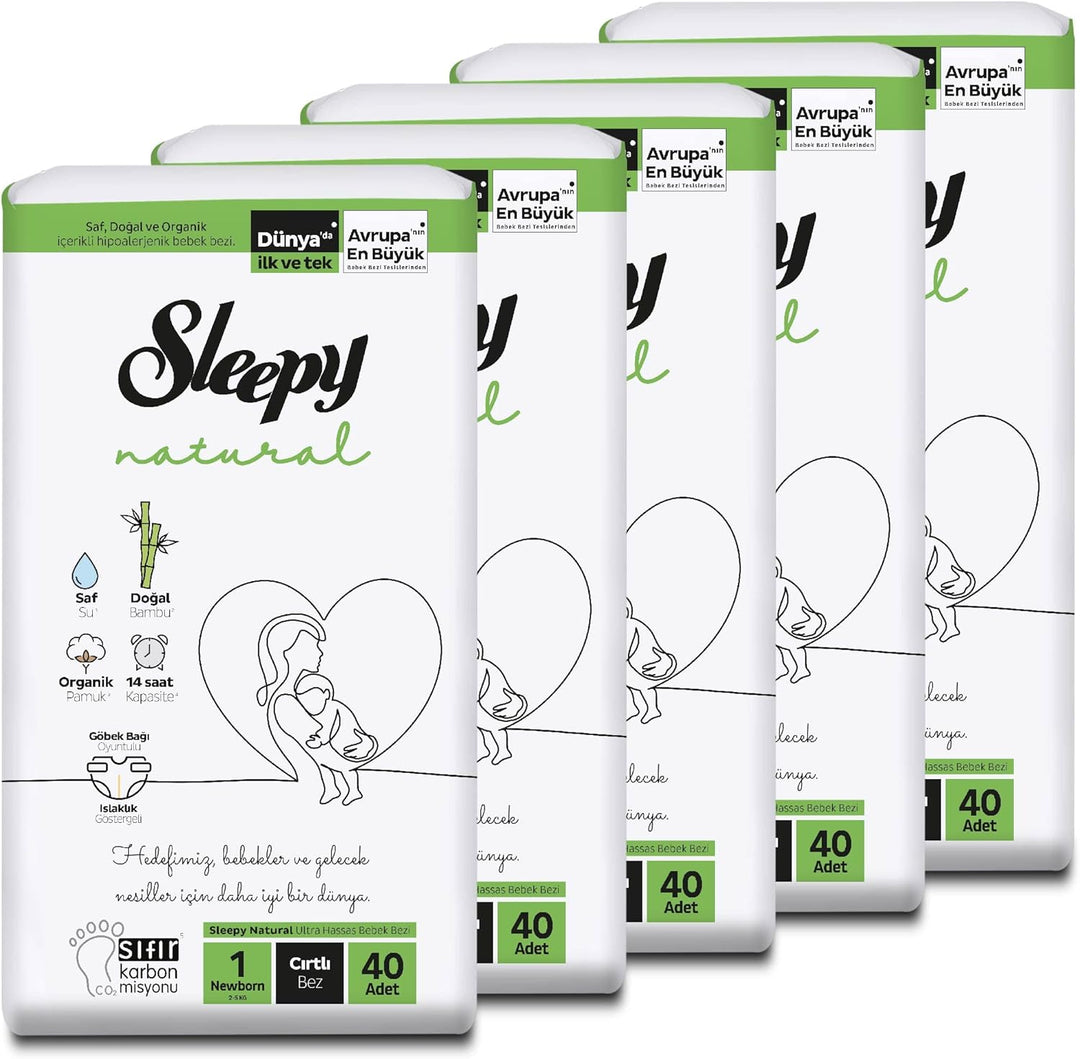 Sleepy Natural Baby Windeln Grösse 1 (2-5 Kg) - MONATSBOX, Für Empfindliche Babys, 200 Stück (5 Pack