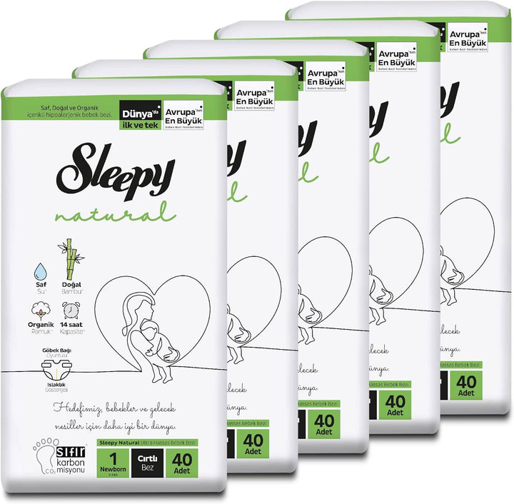 Sleepy Natural Baby Windeln Grösse 1 (2-5 Kg) - MONATSBOX, Für Empfindliche Babys, 200 Stück (5 Pack