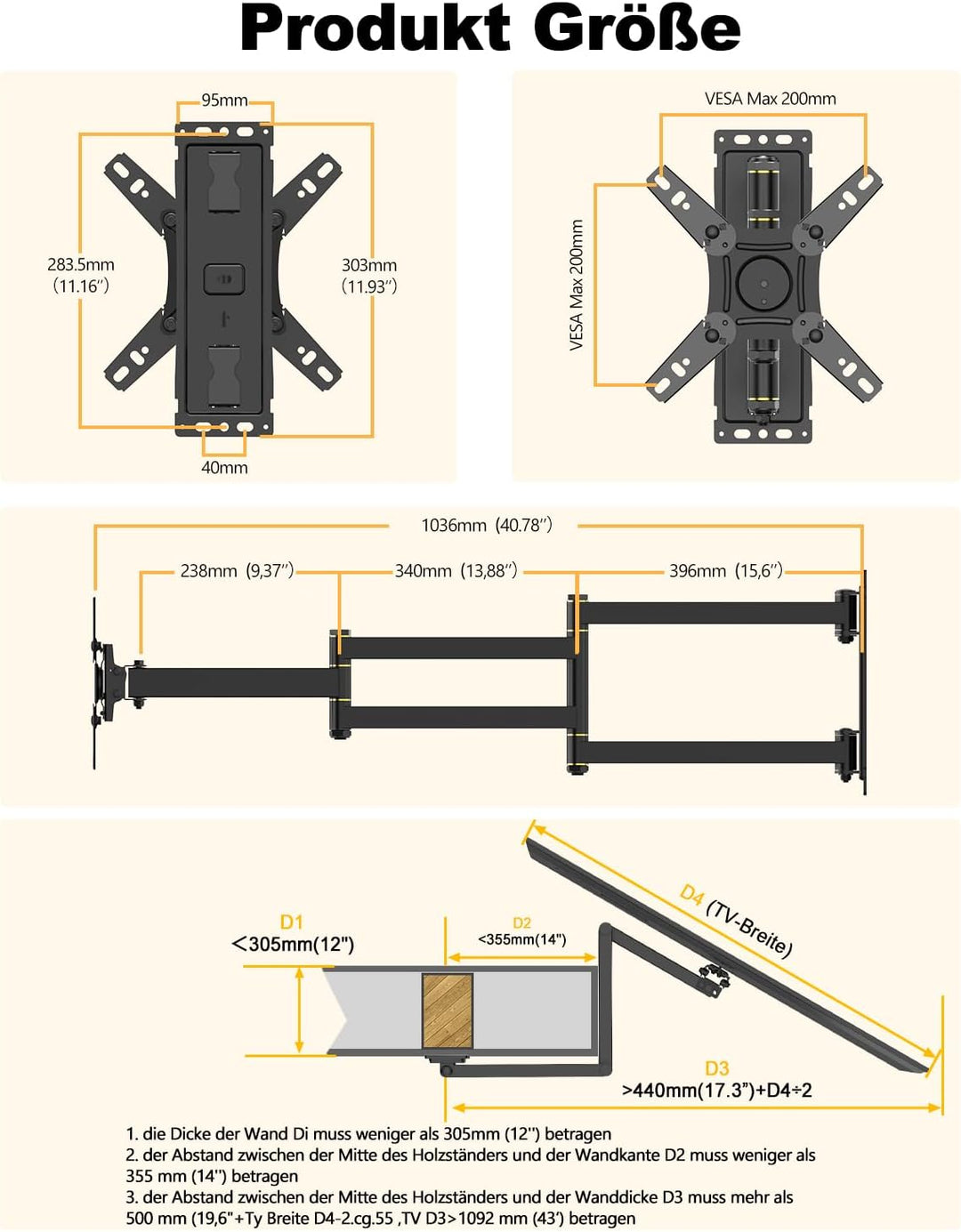 TV Wandhalterung mit 1036mm Langem Arm WHYFONE 180° Drehung Fernseher Wandhalterung Schwenkbar Ecke
