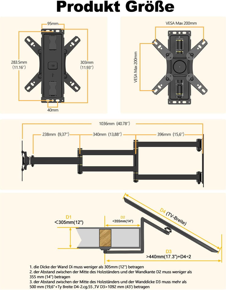 TV Wandhalterung mit 1036mm Langem Arm WHYFONE 180° Drehung Fernseher Wandhalterung Schwenkbar Ecke